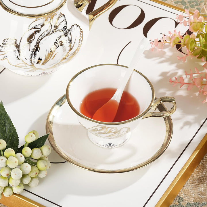 fanquare 21 Stück Britisch Vintage Porzellan Teeservice, Gold Florales Teeservice mit Goldrand, Kaff
