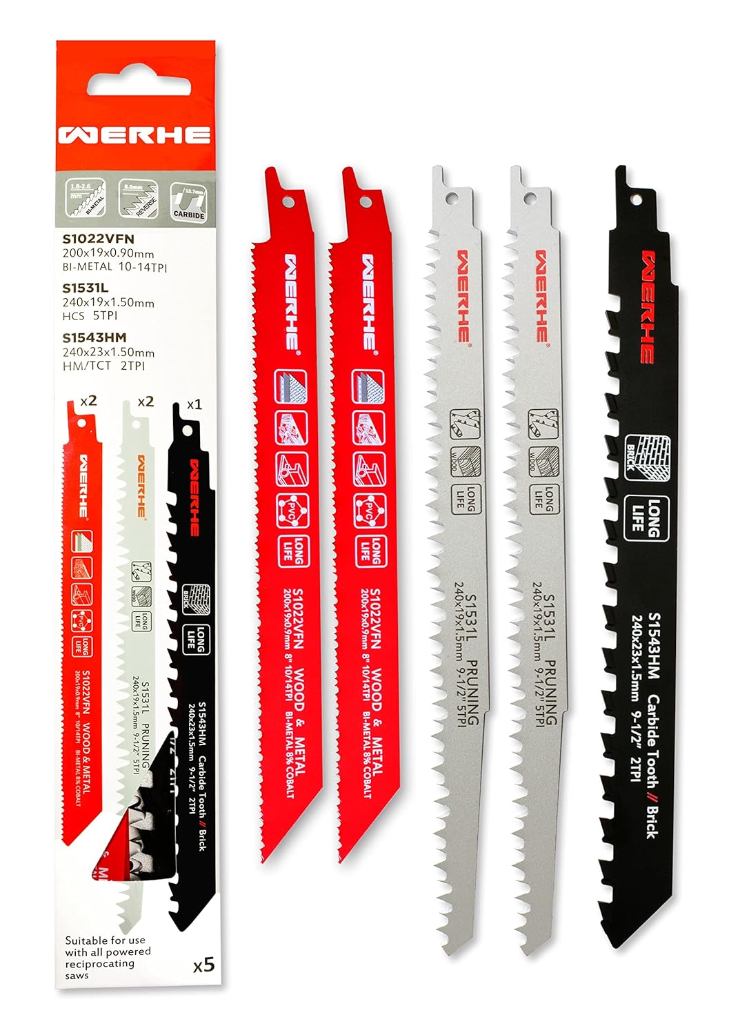 WERHE® Sägeblattsatz 5tlg S1022VFN/S1531L/S1543HM Metall/Holz/Matrize, Sägeblattsatz 5tlg S1022VFN/S