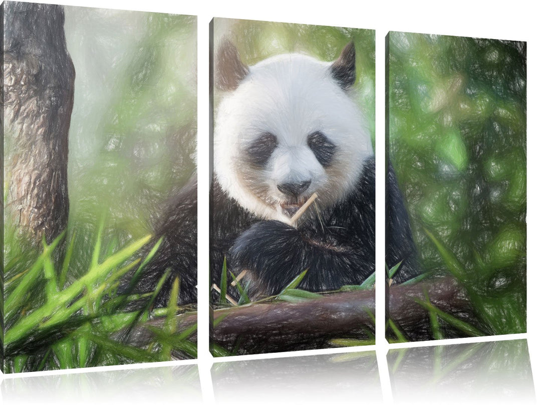 Pixxprint Niedlicher Panda isst Bambus als Leinwandbild/Grösse: 3 Teilig (120x80) / Wandbild/Kunstdr