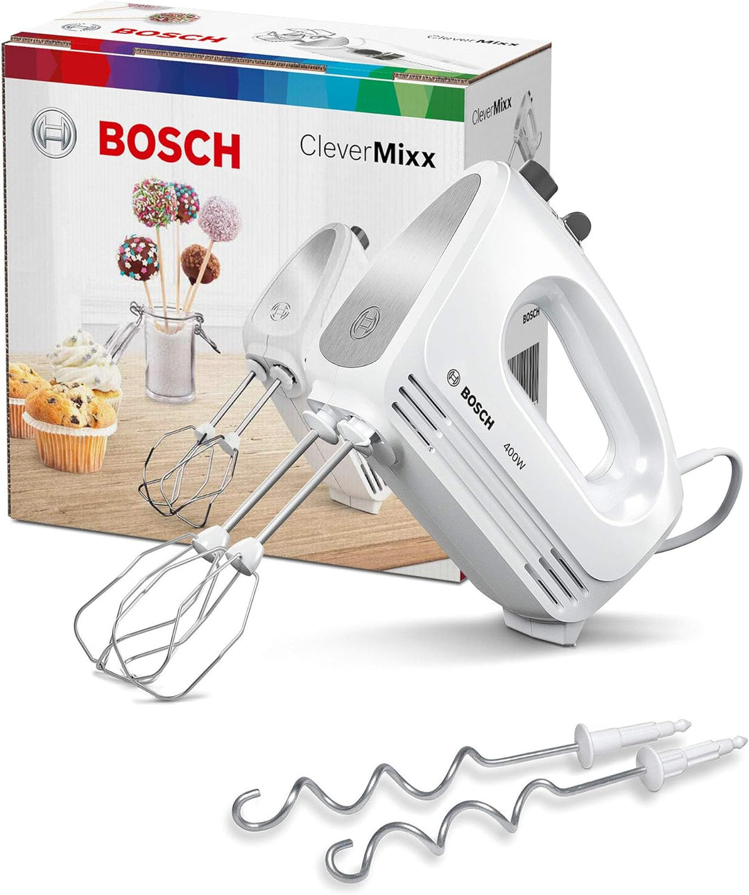 Bosch Handrührer CleverMixx MFQ24200, 2 Rührbesen, 2 Edelstahl-Knethaken, spülmaschinengeeignet, 4 S
