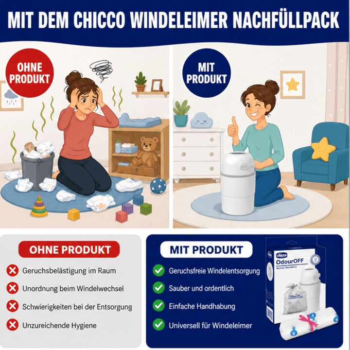 Chicco Windeleimer Nachfüllpack & Windel Blaubaer | geruchsdichte & auslaufsichere Beutel | Für saub
