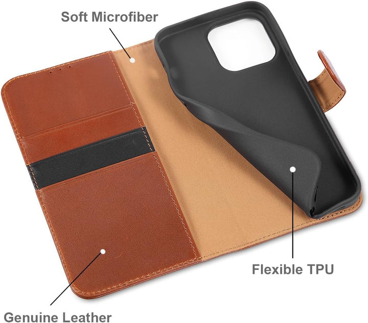 LENSUN Echtleder Hülle für iPhone 15 Pro Max, Handyhülle [Echtes Leder][Kartenfach][RFID Schutz] Han