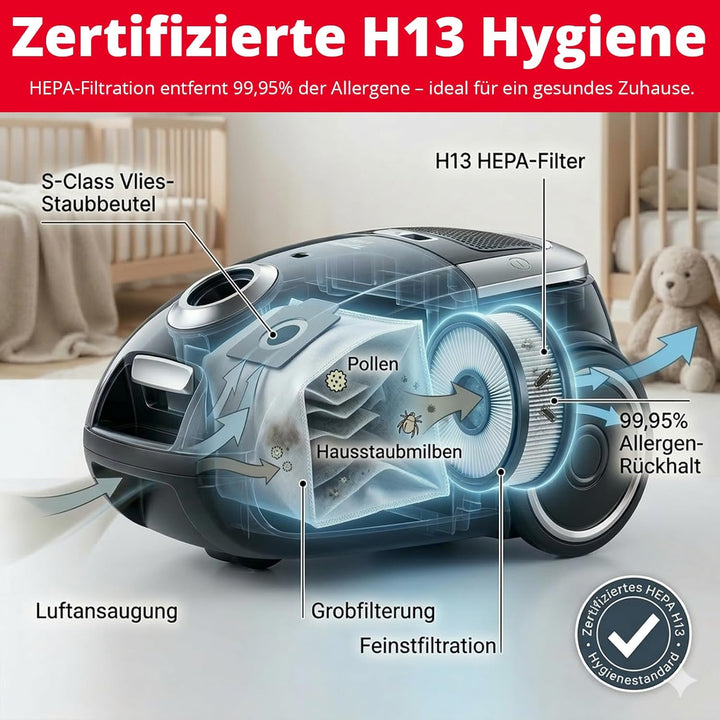 Trisa Staubsauger mit Beutel - 7m Kabel, 11m Aktionsradius, HEPA-Filter & Teleskoprohr - Vacuum Clea