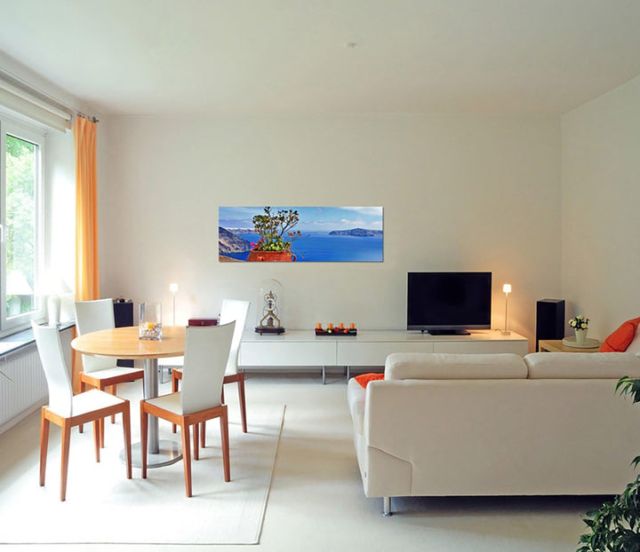 Paul Sinus Art Panoramabild auf Leinwand und Keilrahmen 150x50cm Santorini Blumentopf Blumen Meerbli
