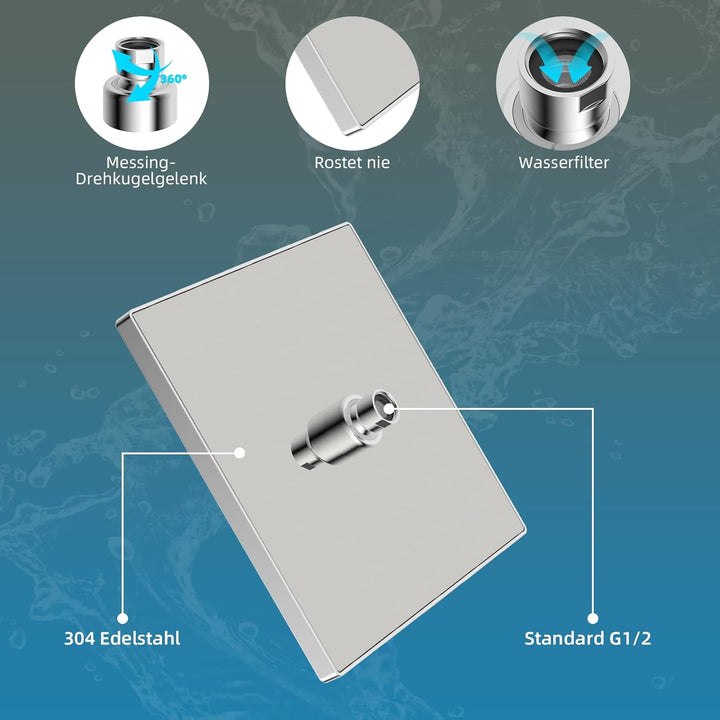 Hibbent Regenbrause Duschkopf(300 * 300MM),Edelstahl Regenduschkopf,Eckig Einbauduschköpfe,Spardusch
