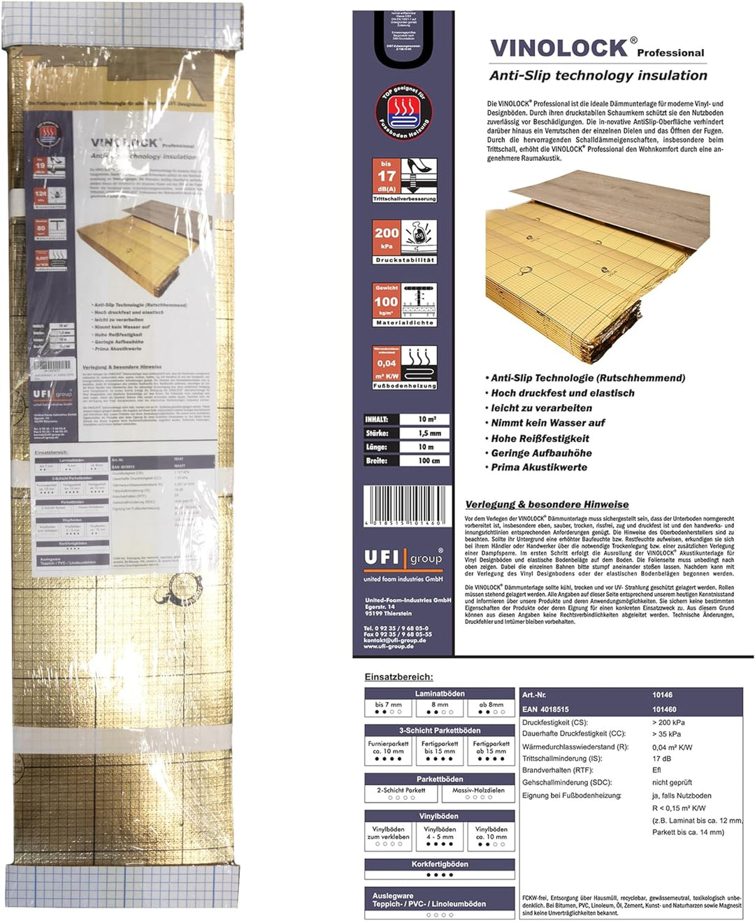 uficell® Vinyl Trittschalldämmung "VINOLOCK" mit Anti-Slip-Technologie - Stärke: 1,5 mm - Dichte ca.