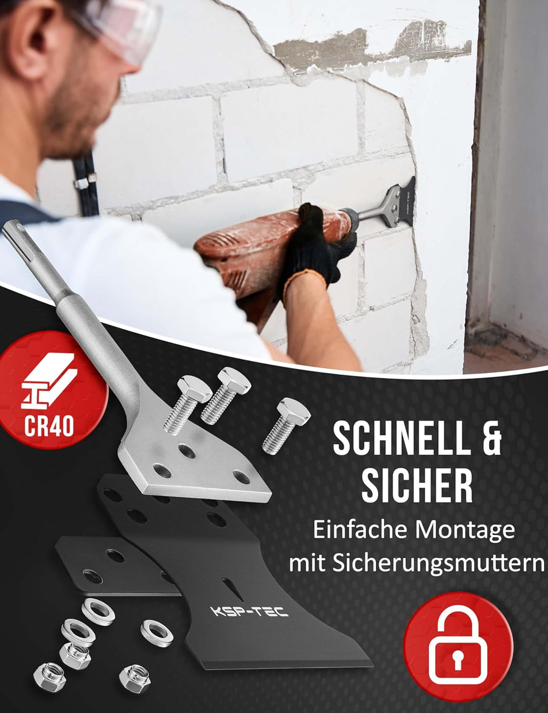 KSP-TEC® - SDS Plus Spachtelmeissel - ink. Ersatzklinge -Einfaches entfernen von Teppich, Bodenbeläg