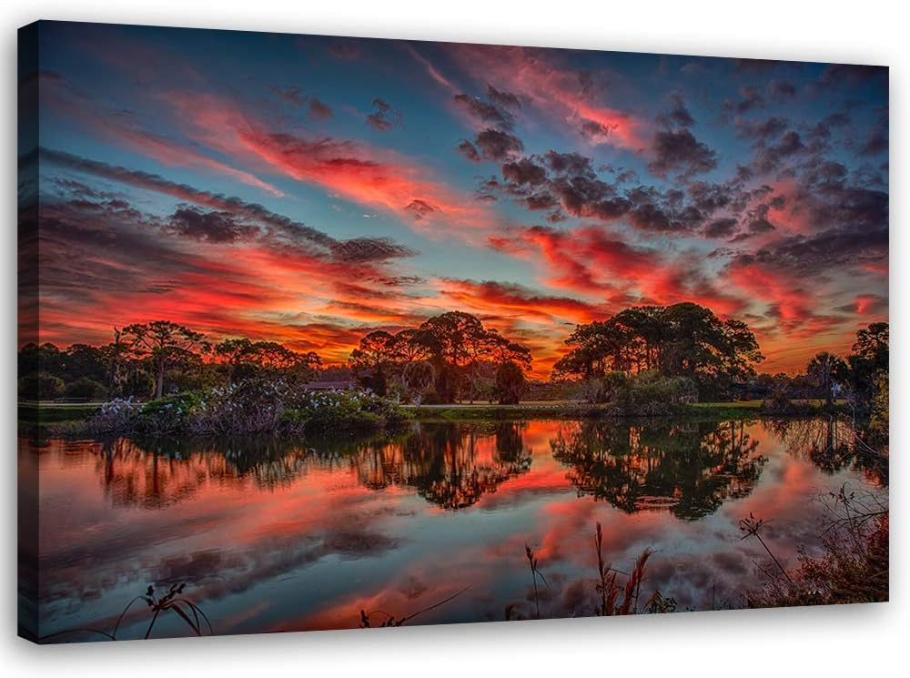 Feeby Wanddeko Natur Leinwandbild Kunstdruck Sonnenuntergang Orange 90x60 cm