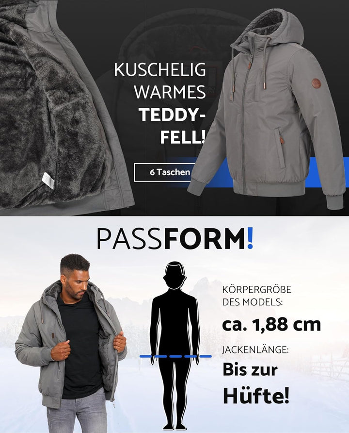 ALESSANDRO SALVARINI Herren Winterjacke (S-3XL) mit Kapuze - Teddyfleece innen komplett, Winddicht,