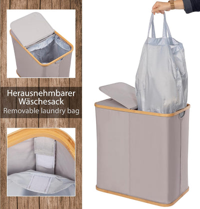 ONVAYA® Wäschekorb mit Deckel | 2 Fächer 100L | Grau | Wäschesammler fürs Badezimmer | Wäschetruhe a