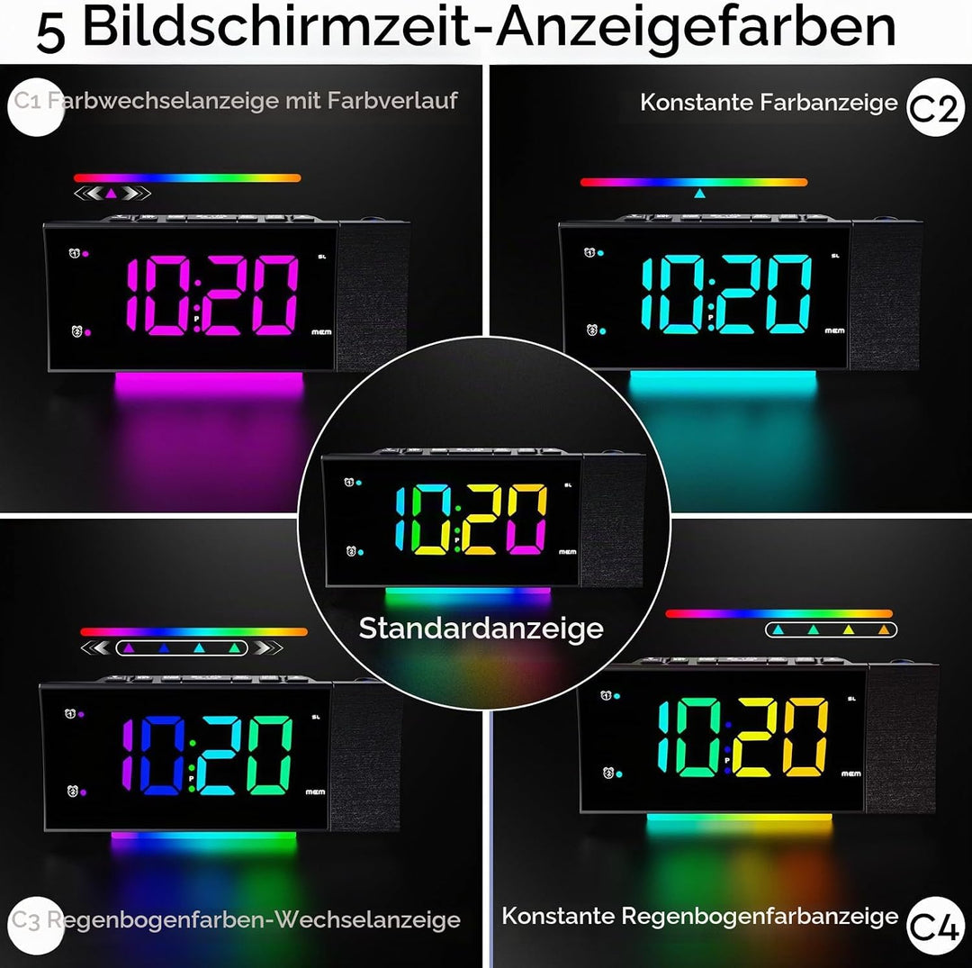 Radiowecker mit Projektion, Projektionswecker Digitaler Wecker, 180°Projektor, Grosser LED-Anzeige,