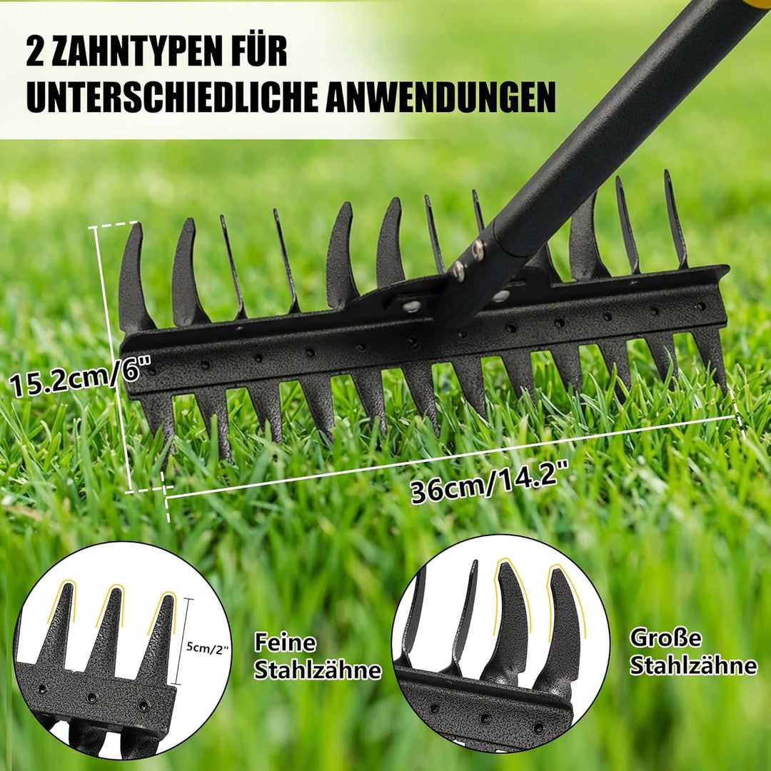 Gartenrechen, Breite Edelstahl-Rechen mit 12 Zinken, 157 cm Längenverstellbarer Rasenrechen mit Ruts