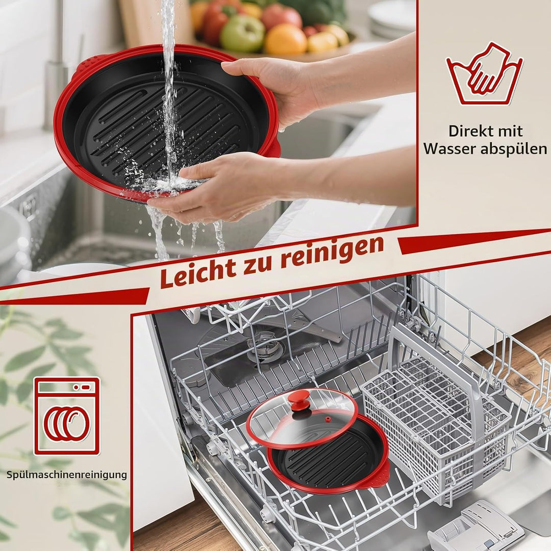 Mikrowellen Grillpfanne mit Deckel,Sicher Microwave Grill Pan mit Verbrühungsschutz und Antihaft,gle