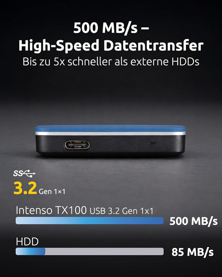Intenso Externe SSD TX100, 500 GB Portable Solid State Drive, Super Speed USB 3.2 Gen 1x1 (5 Gbit/s)