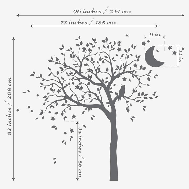 Studio Quee Grosser Baum Wandaufkleber mit Eule, Mond und Sternen Kinderzimmer Wandbild Dekoration 0