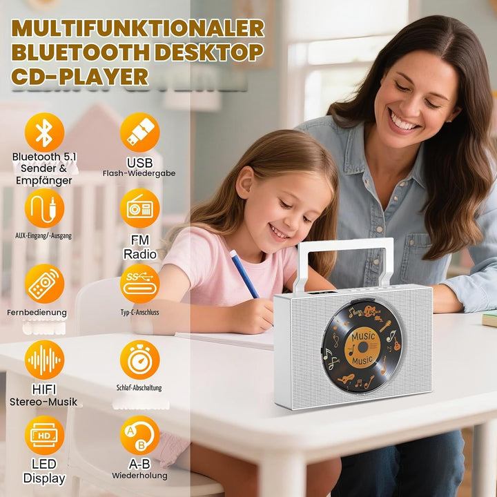 Gueray CD-Player mit Radio: Bluetooth CD Player mit Griff, CD-Spieler Lautsprechern, Display, Fernbe