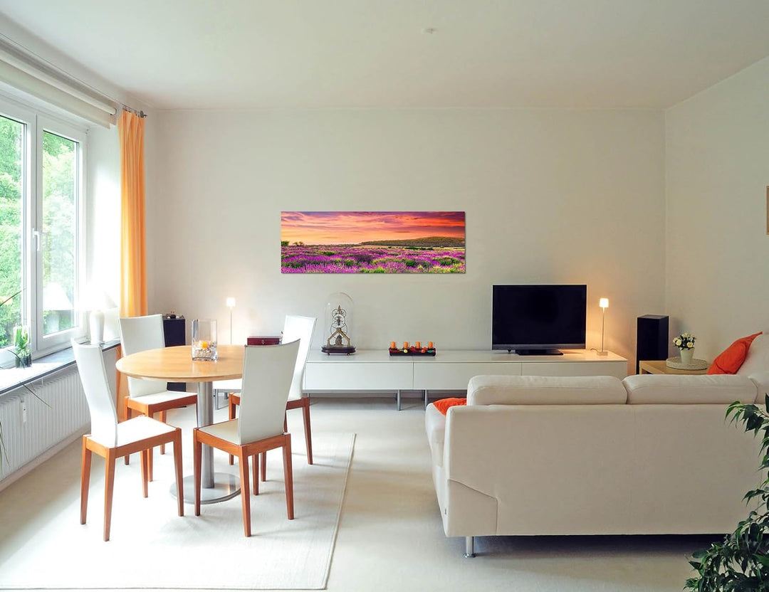Paul Sinus Art Panoramabild auf Leinwand und Keilrahmen 150x50cm Lavendelfeld Sommer Sonnenuntergang