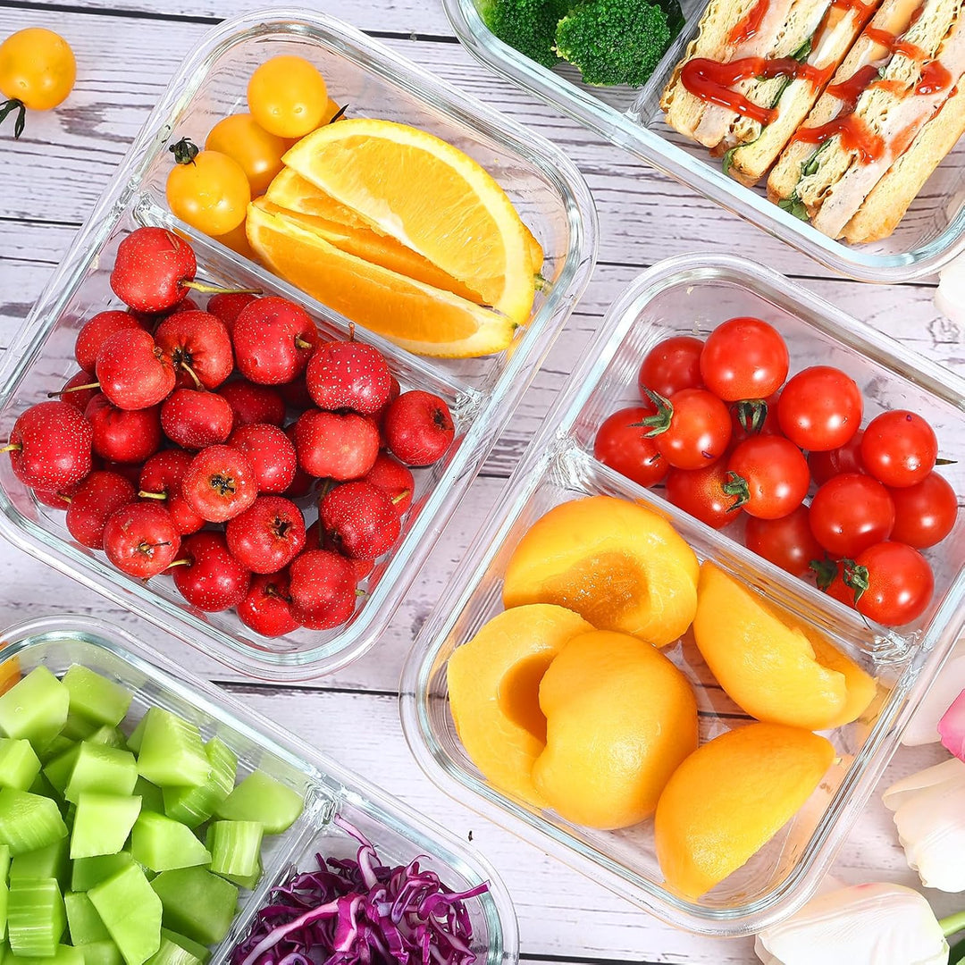 Glasbehälter mit Deckel Meal Prep Boxen Glas 2 Fächer (5Stück, 1040ml) Meal Prep Boxen Glas mit Tren