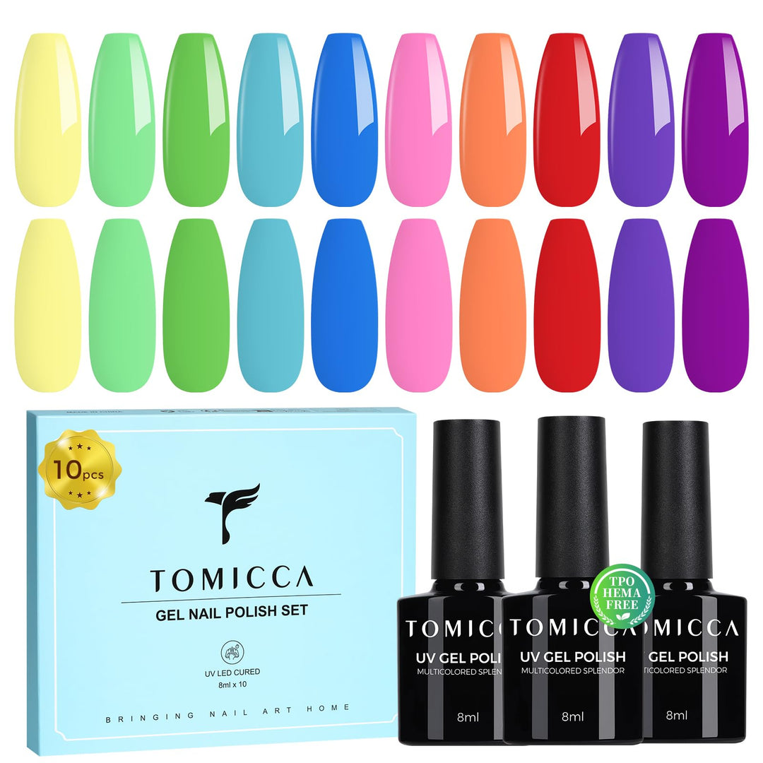 TOMICCA UV Nagellack Neon Set, 10 Farben Orange Gelb Rosa Grün Blau Violett Soak-Off Gel Nagellack U