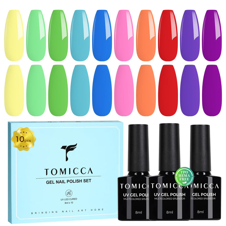 TOMICCA UV Nagellack Neon Set, 10 Farben Orange Gelb Rosa Grün Blau Violett Soak-Off Gel Nagellack U