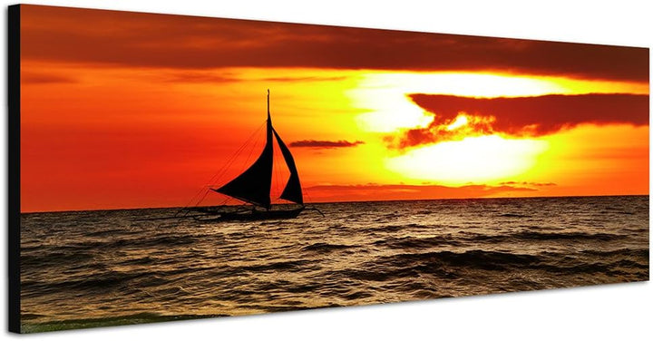 Paul Sinus Art Panoramabild auf Leinwand und Keilrahmen 150x50cm Philippinen Meer Segelboot Sonnenun