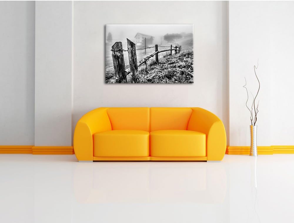Pixxprint Monocrome, Rustikaler Holzzaun auf Wiese, Format: 100x70 auf Leinwand, 100x70