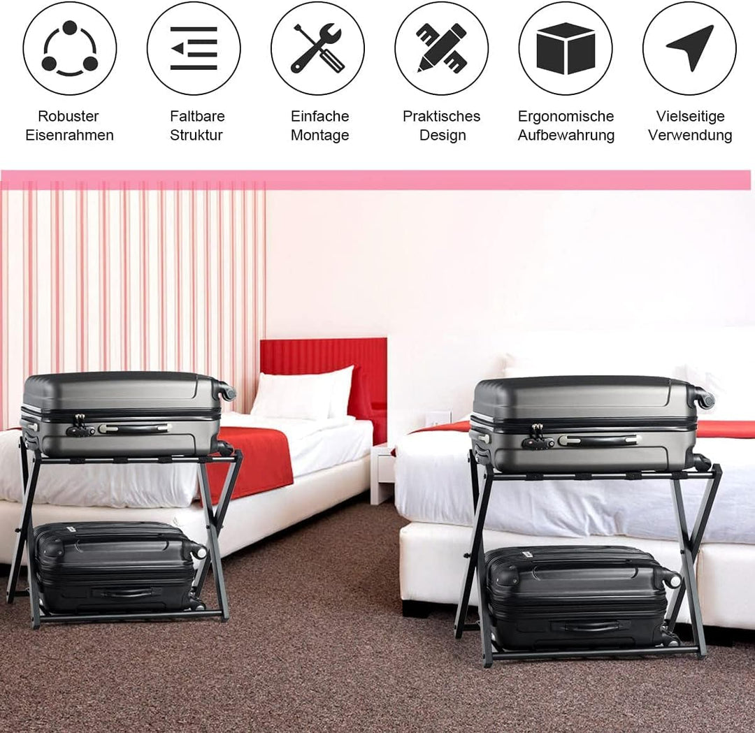 RELAX4LIFE Kofferständer Metall, Kofferablage mit 2 Ebenen, Gepäckablage klappbar, Kofferbock mit 4