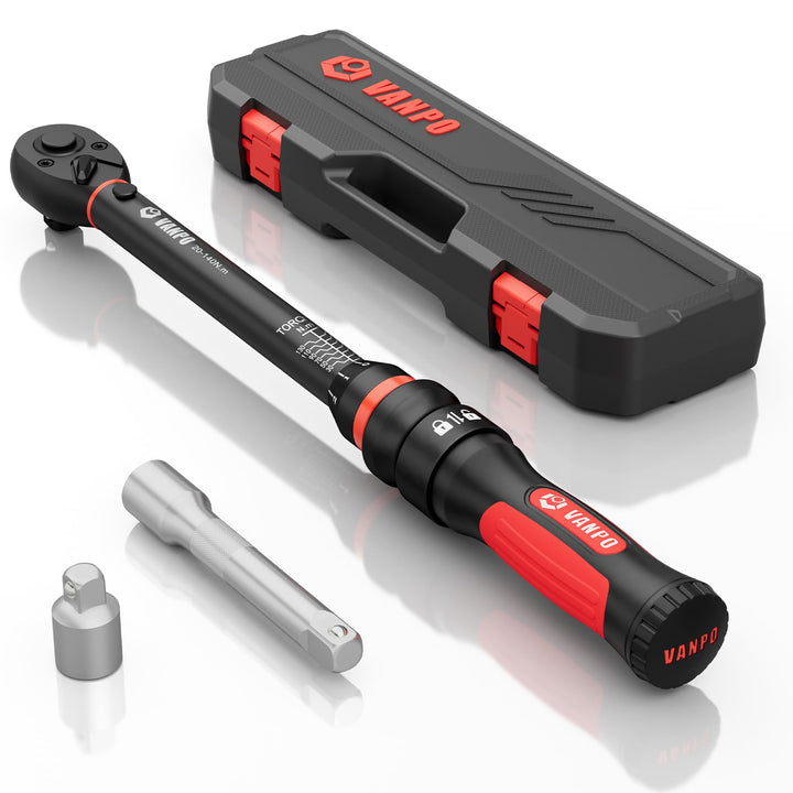 VANPO Drehmomentschlüssel 1/2 Zoll, 20–140 Nm für Motorrad & Auto, ±3% Genauigkeit, 45cm Hebelarm, E