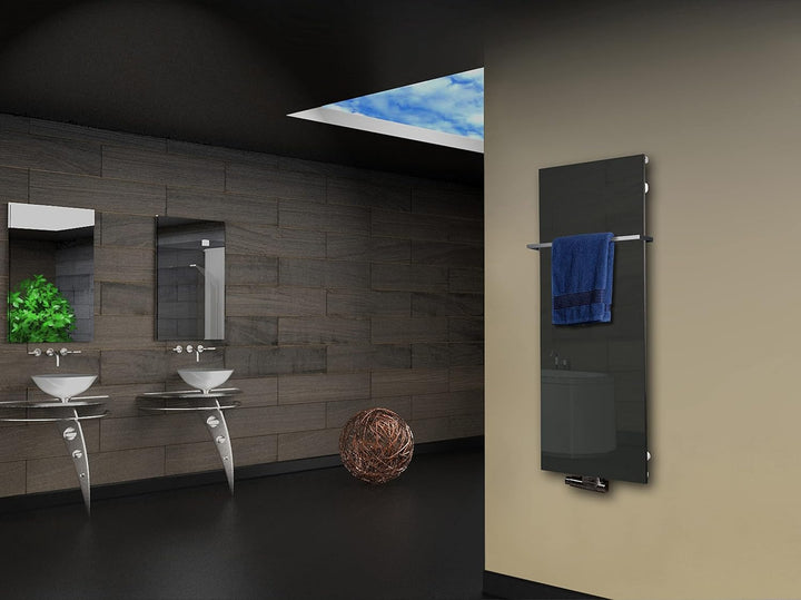 Badheizkörper mit Glas Design Montevideo 2 (Glasfront) 120x47cm 799 Watt anthrazit - moon +1 Halter