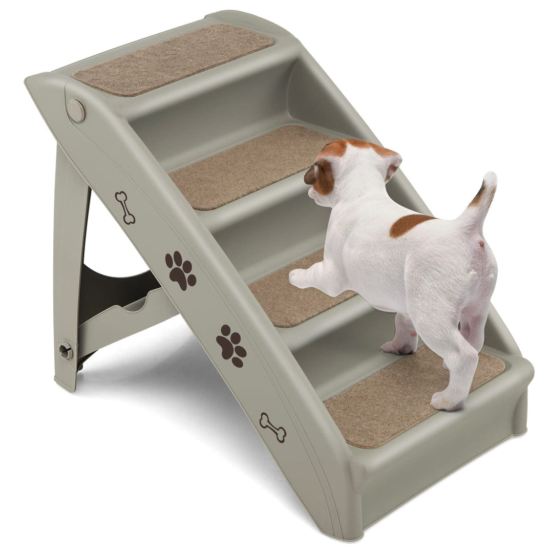 GOPLUS Hundetreppe mit 4 Stufen, Tragbare Tiertreppe aus Kunststoff, Klappbare Treppe für Haustiere,