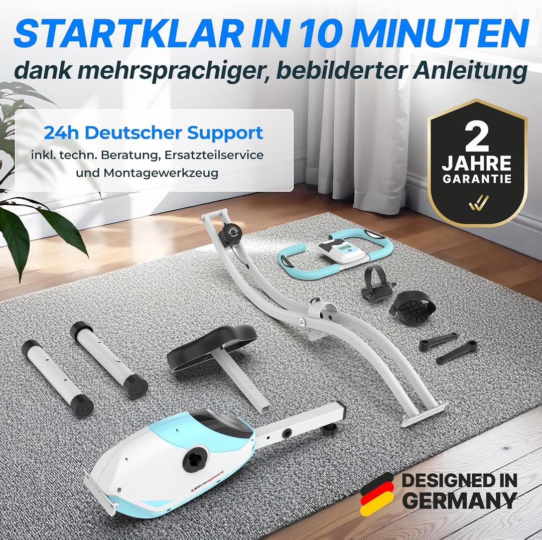 Ultrasport F-Bike 150/200, Heimtrainer, 8 Widerstandsstufen, Tablethalterung, Handpulssensoren, falt