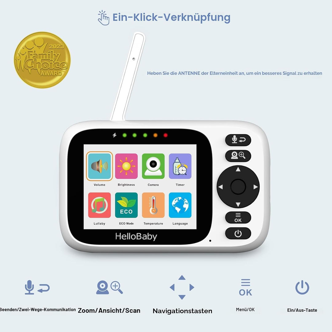 HelloBaby Babyphone mit Kamera, ferngesteuertes Schwenk-Neige-Zoom Video Babyphone und 3,2'' IPS Bil