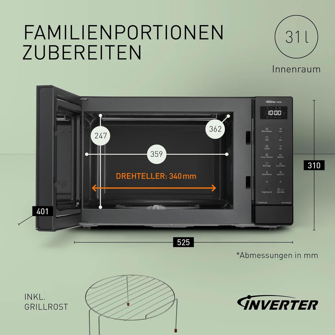 Panasonic NN-GT65QBEPG 31L Kombi-Mikrowelle mit Grillfunktion, 23 Automatische Programme,1000 W, Kom
