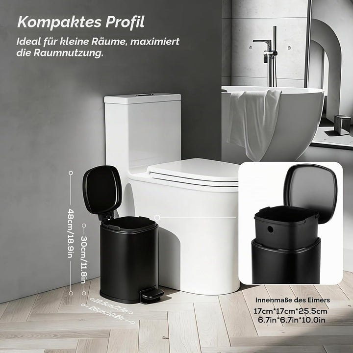 Treteimer Edelstahl, Schwarz Abfallbehälter für Bad, Küchen mit Soft-Close-Deckel, Inneneimer, Moder