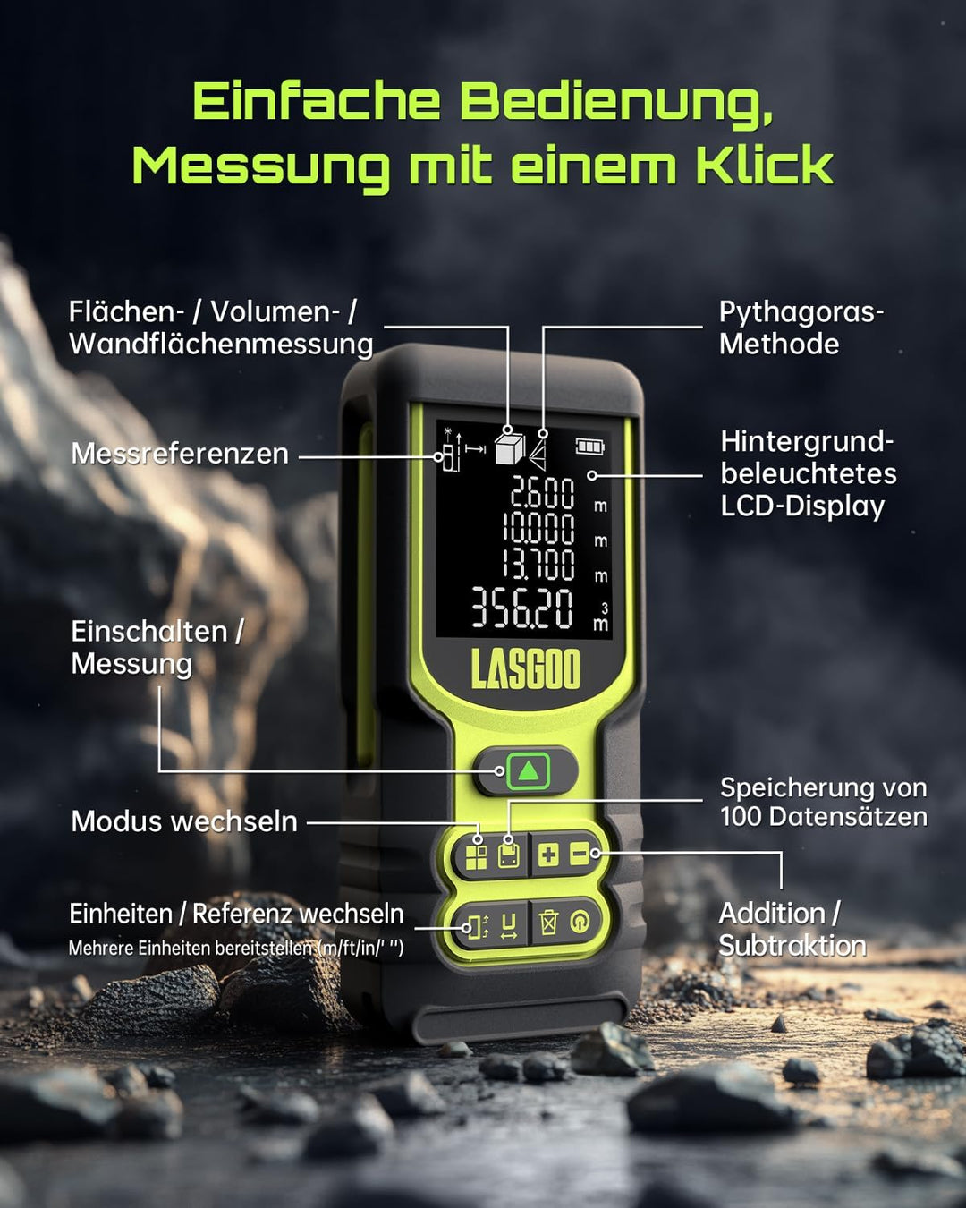 Laser Entfernungsmesser, LASGOO 60m/197ft Laser-Messgerät mit Ft/In/M, LCD-Hintergrundbeleuchtung, P