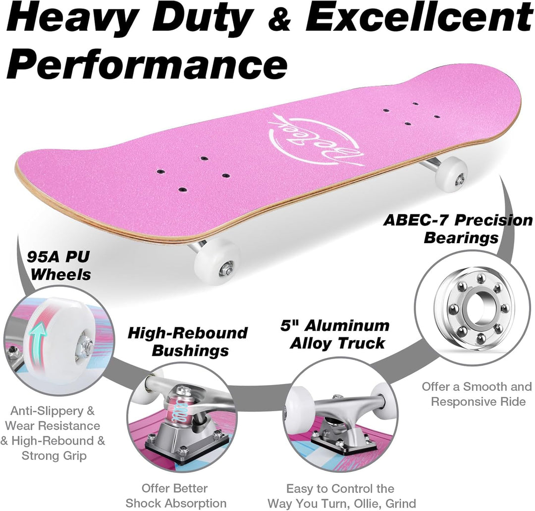 BELEEV Skateboard 31x8 Zoll Komplette Cruiser Skateboard für Kinder Jugendliche Erwachsene, 7-Lagige