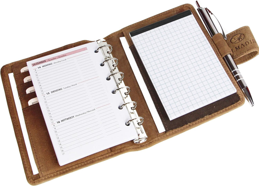 ALMADIH Leder A7 Terminplaner Kalender 2024 Notizblock Premium Rindsleder Braun Vintage in Geschenkb