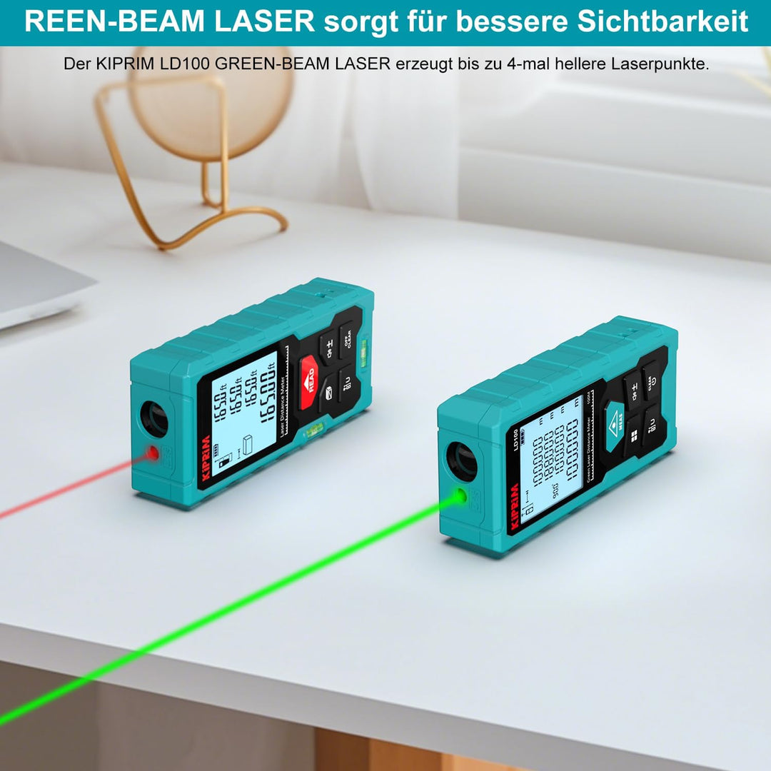 Kiprim Laser-Entfernungsmesser Grün, 100m Digitales Messgerät mit USB-Typ-C-Akku, ±2mm Genauigkeit,