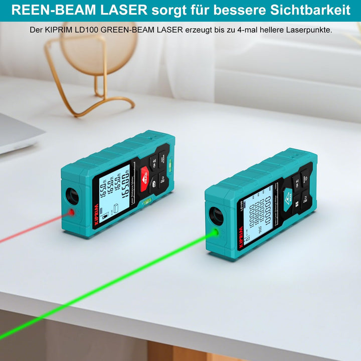 Kiprim Laser-Entfernungsmesser Grün, 100m Digitales Messgerät mit USB-Typ-C-Akku, ±2mm Genauigkeit,