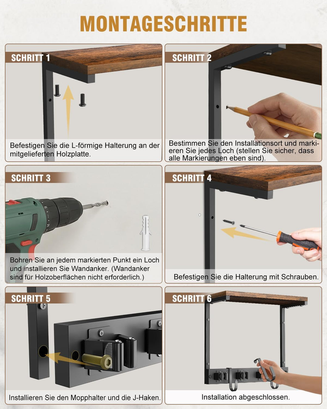 Supforce Besenhalter Wandmontage mit oberer Holzablage, robuster Gerätehalter aus Metall für Reinigu