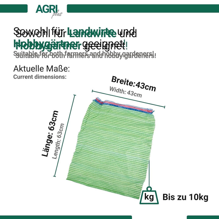 AGRI plus 100 Stück Gemüsesäcke grün mit Zugband I 43 x 63 cm I verschiedene Grössen I Grobmaschige