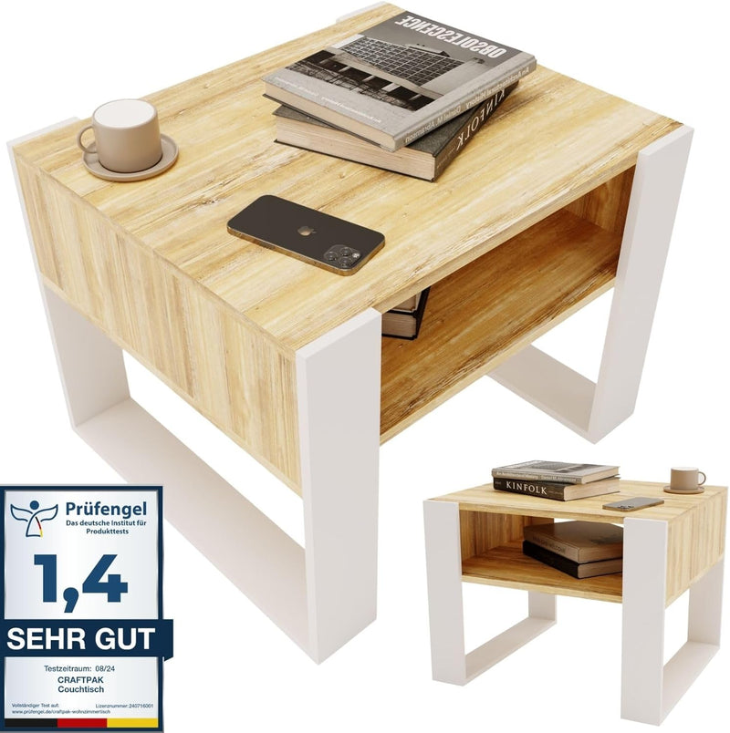 CraftPAK Wohnzimmer Tisch für Couch aus hochwertigem Holz, Stabiler & moderner Couchtisch mit zusätz