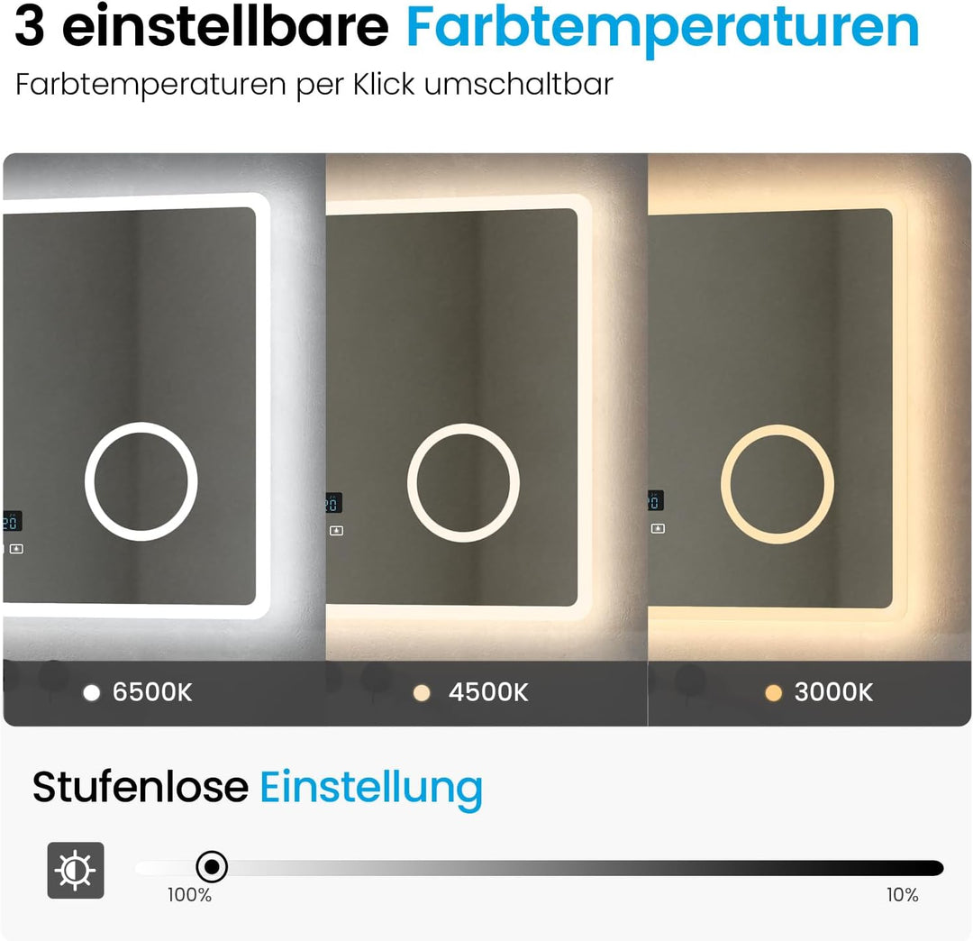 Heilmetz Led Badspiegel 80 x 60 cm Kaltweiss Badezimmerspiegel mit Touch + Bluetooth + Uhr + Beschla