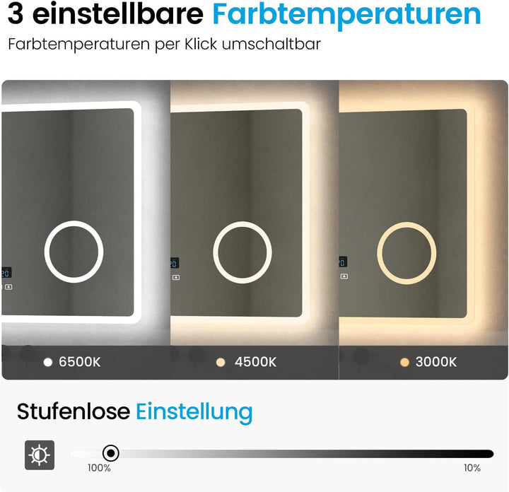 Heilmetz Led Badspiegel 80 x 60 cm Kaltweiss Badezimmerspiegel mit Touch + Bluetooth + Uhr + Beschla