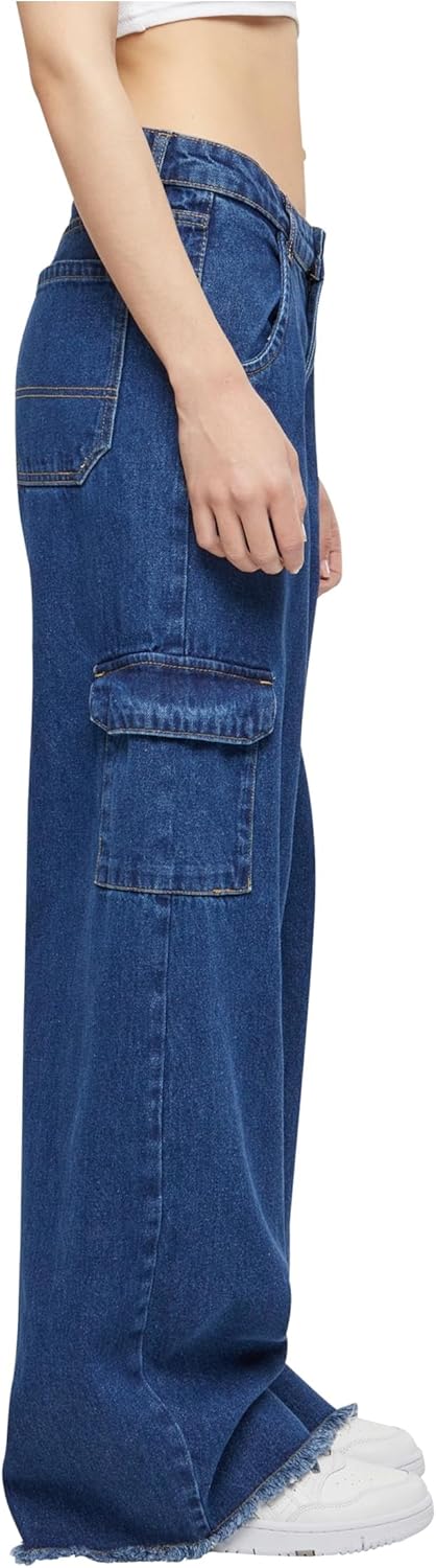 Urban Classics Ladies Mid Waist Cargo Denim Pants Frauen Cargohose schwarz Basics 26 Mid Indigo Wash