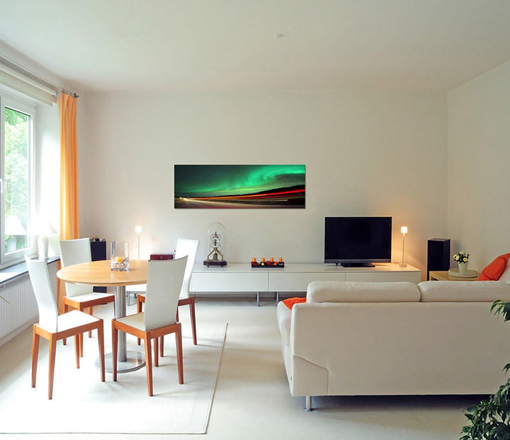 Paul Sinus Art Panoramabild auf Leinwand und Keilrahmen 150x50cm Norwegen Nordlichter Strasse Lichts