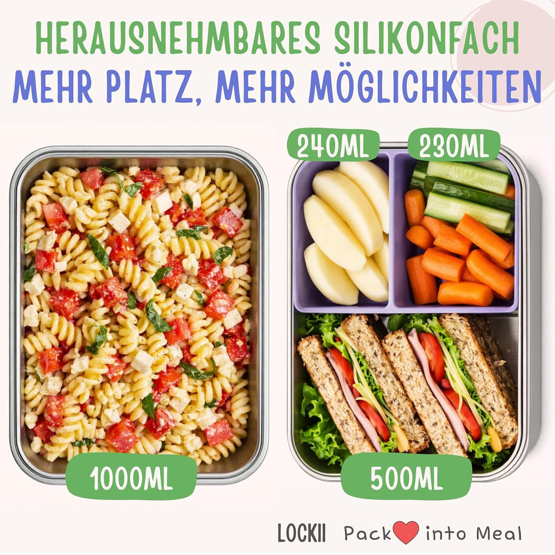 Kinder Brotdose Edelstahl 1000 ml mit Snackbox – Lunchbox mit Fächern, Edelstahl-Boden und BPA-freie