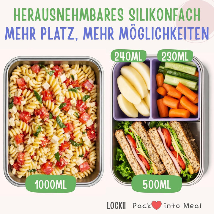 Kinder Brotdose Edelstahl 1000 ml mit Snackbox – Lunchbox mit Fächern, Edelstahl-Boden und BPA-freie
