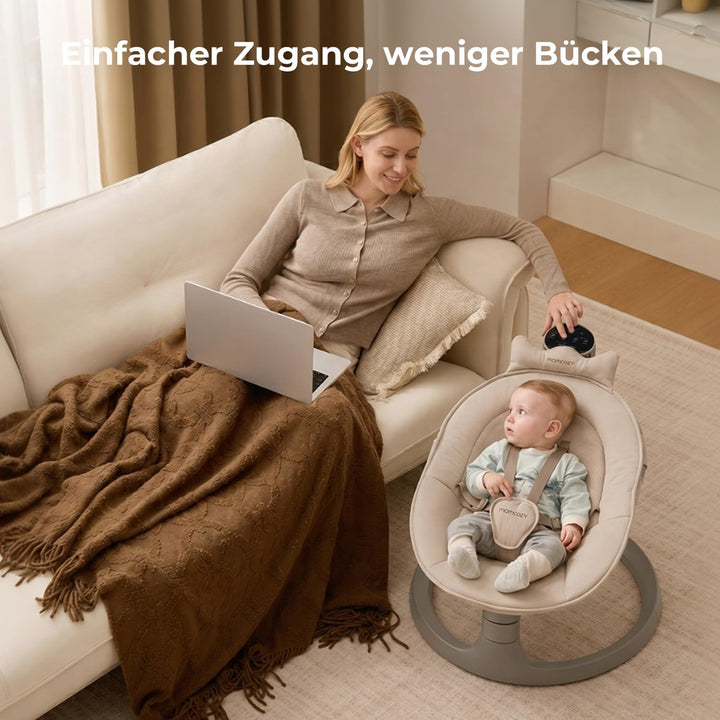 Momcozy 2-in-1 Elektrische Babywippe, 4 Bewegungen & 4 Geschwindigkeiten, Doppelarm-Struktur, 2 Lieg