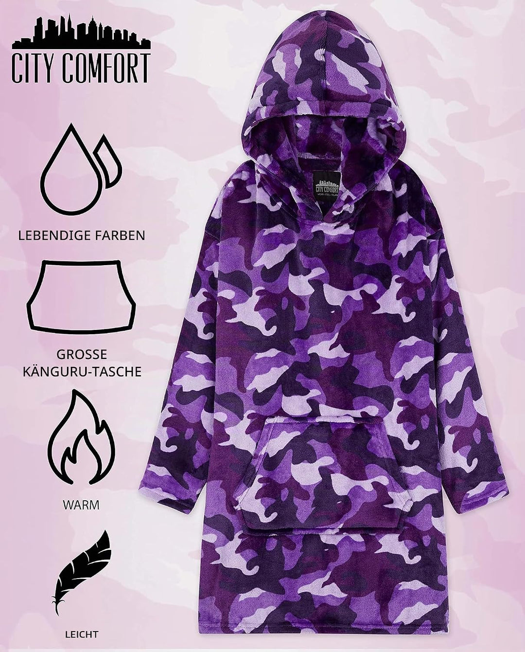 CityComfort Decke Hoodie Kinder Fleece Übergrösse Kapuzenpullover Mädchen Einheitsgrösse Lila Tarnfa